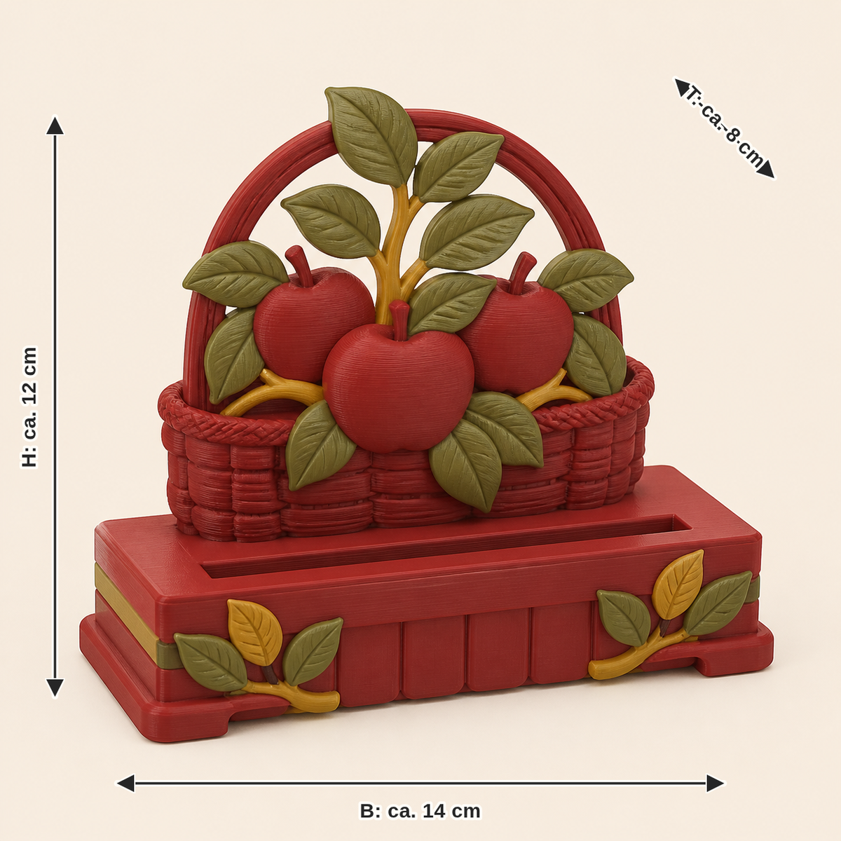 Maßbild für Apfel-Fotohalter Gartenpunkt: Breite ca. 14 cm, Tiefe ca. 8 cm, Höhe ca. 12 cm