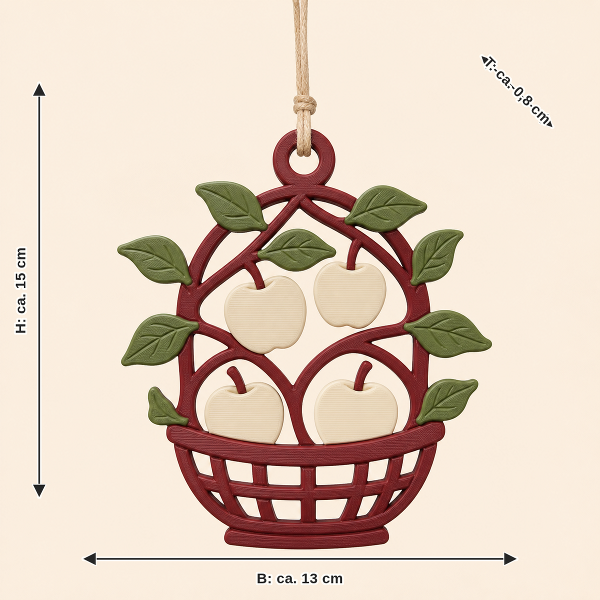Maßbild für Apfel-Hängedeko Erntezweig: Breite ca. 13 cm, Tiefe ca. 0.8 cm, Höhe ca. 15 cm
