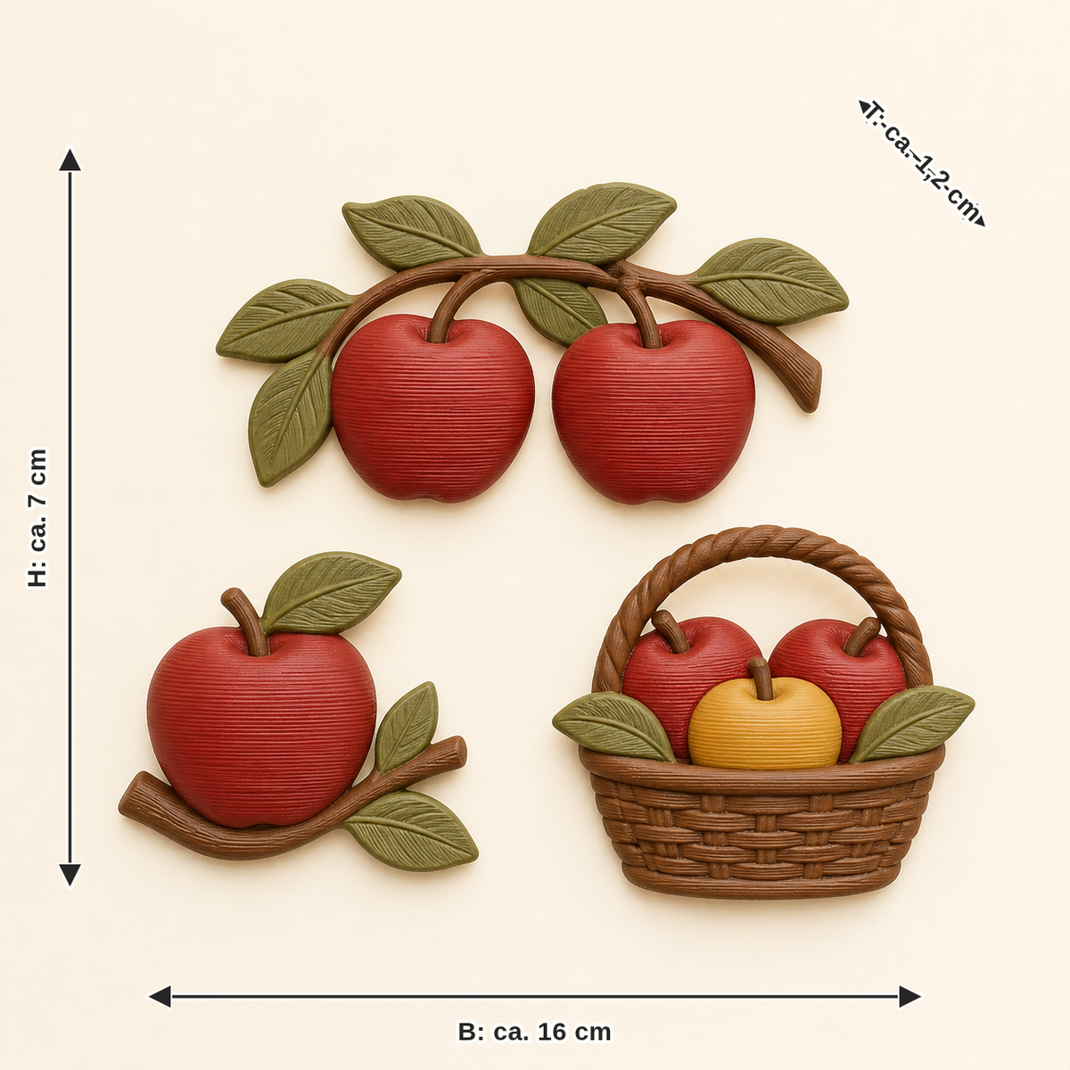 Maßbild für Apfel-Magnet-Set Apfel-Trio: Breite ca. 16 cm, Tiefe ca. 1.2 cm, Höhe ca. 7 cm