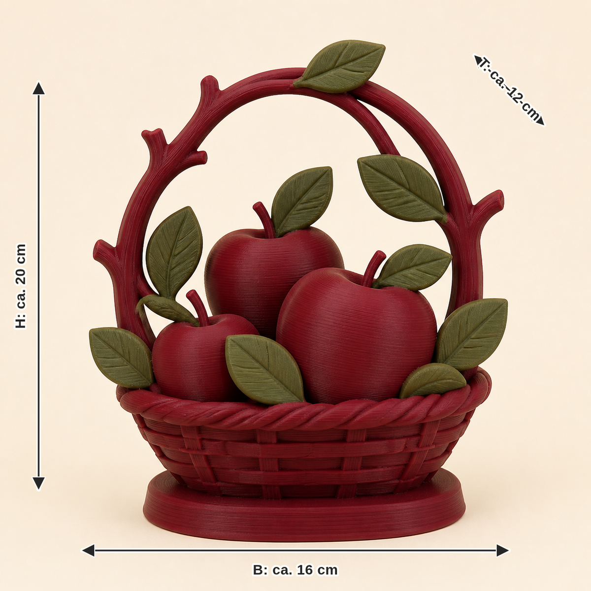 Maßbild für Apfel-Mini-Skulptur Erntekorb: Breite ca. 16 cm, Tiefe ca. 12 cm, Höhe ca. 20 cm