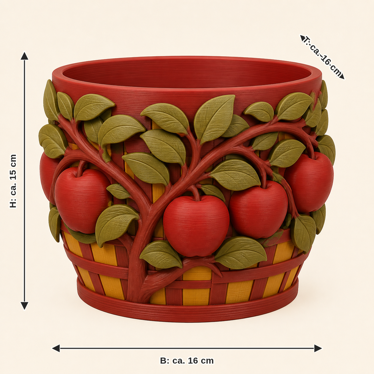 Maßbild für Apfel-Pflanzübertopf Gartentopf: Breite ca. 16 cm, Tiefe ca. 16 cm, Höhe ca. 15 cm