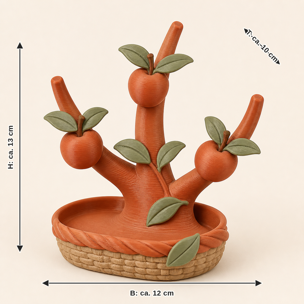 Maßbild für Apfel-Ringhalter Ernteast: Breite ca. 12 cm, Tiefe ca. 10 cm, Höhe ca. 13 cm