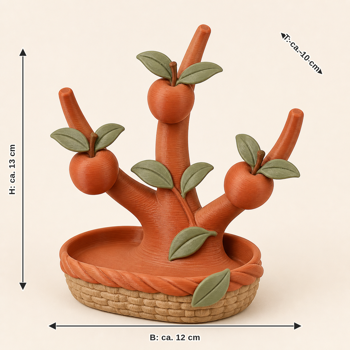 Maßbild für Apfel-Ringhalter Ernteast: Breite ca. 12 cm, Tiefe ca. 10 cm, Höhe ca. 13 cm