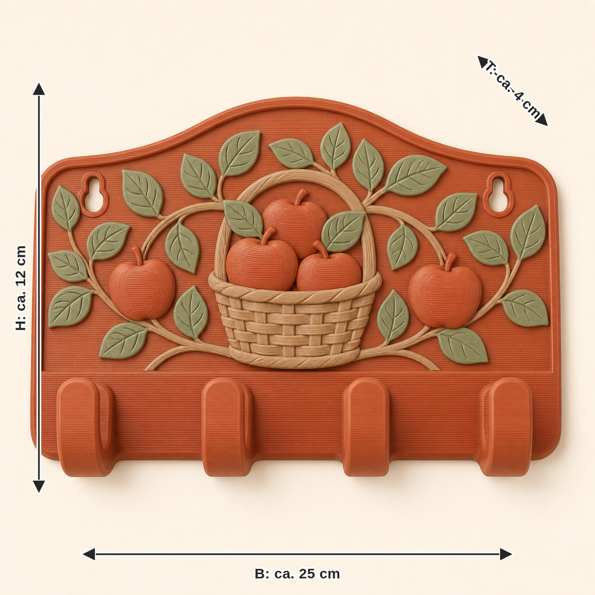 Maßbild für Apfel-Schlüsselbrett Gartenhaken: Breite ca. 25 cm, Tiefe ca. 4 cm, Höhe ca. 12 cm