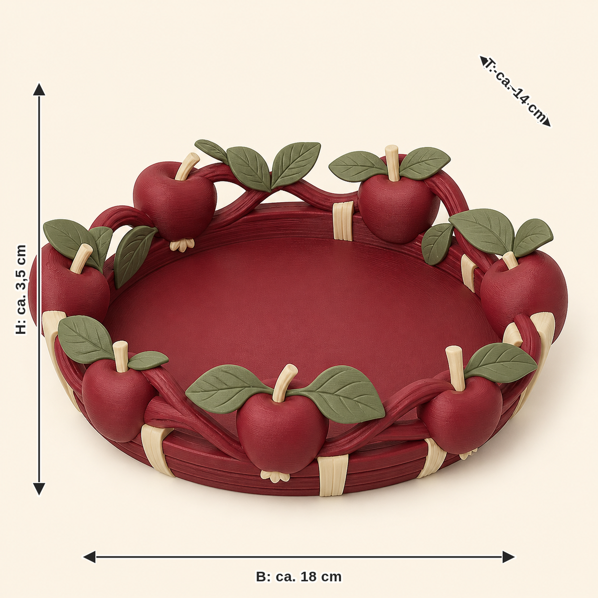 Maßbild für Apfel-Schmuckschale Apfelrand: Breite ca. 18 cm, Tiefe ca. 14 cm, Höhe ca. 3.5 cm