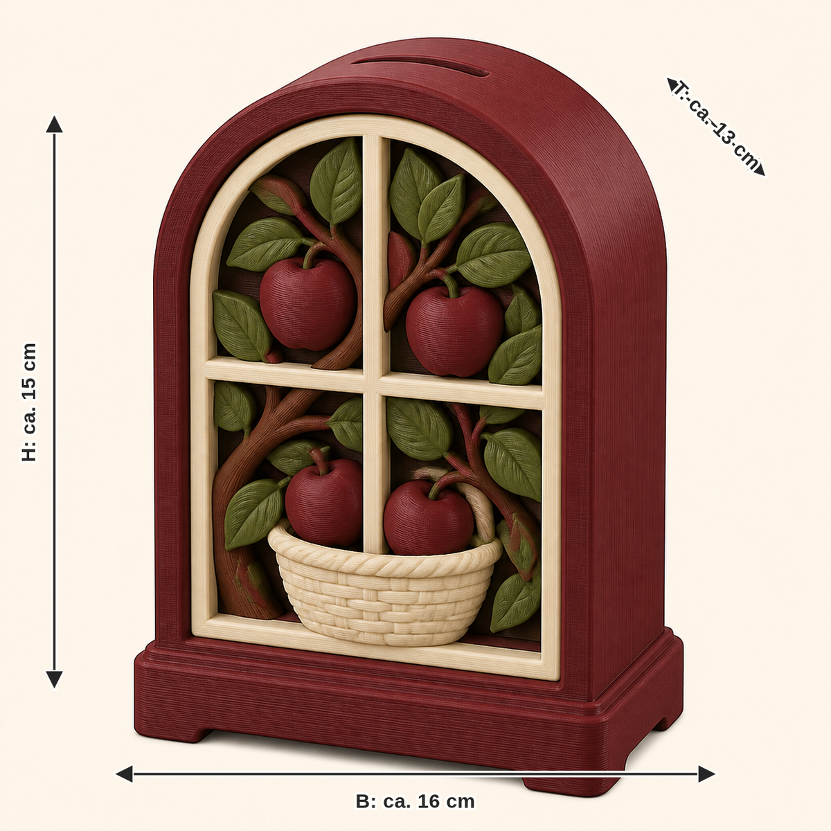 Maßbild für Apfel-Sparbüchse Apfelfenster: Breite ca. 16 cm, Tiefe ca. 13 cm, Höhe ca. 15 cm