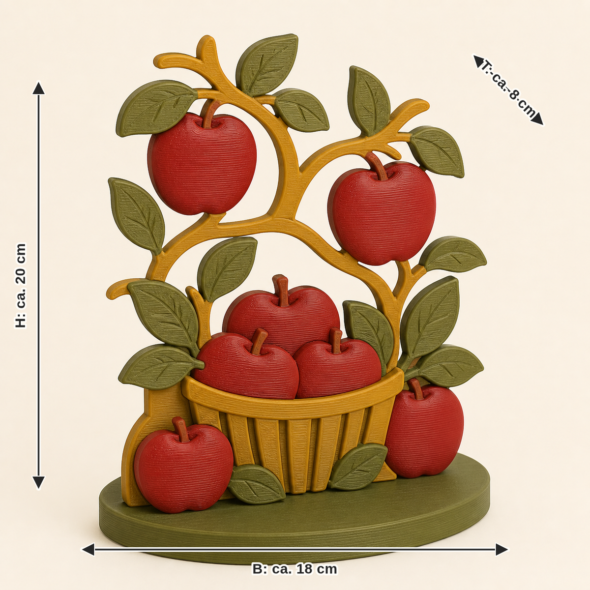 Maßbild für Apfel-Tischaufsteller Apfelgruppe: Breite ca. 18 cm, Tiefe ca. 8 cm, Höhe ca. 20 cm