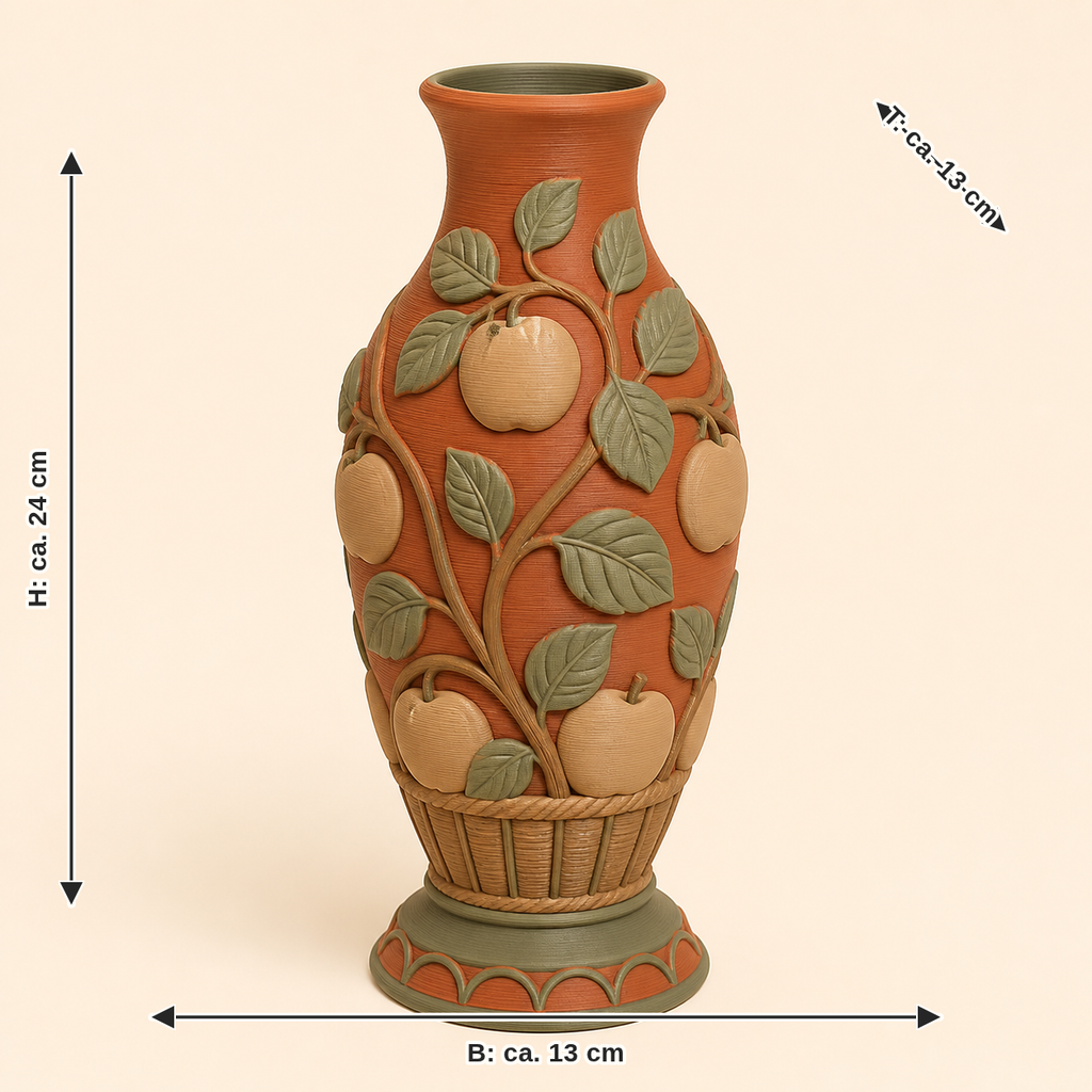 Maßbild für Apfel-Trockenblumen-Vase Apfelzweig: Breite ca. 13 cm, Tiefe ca. 13 cm, Höhe ca. 24 cm