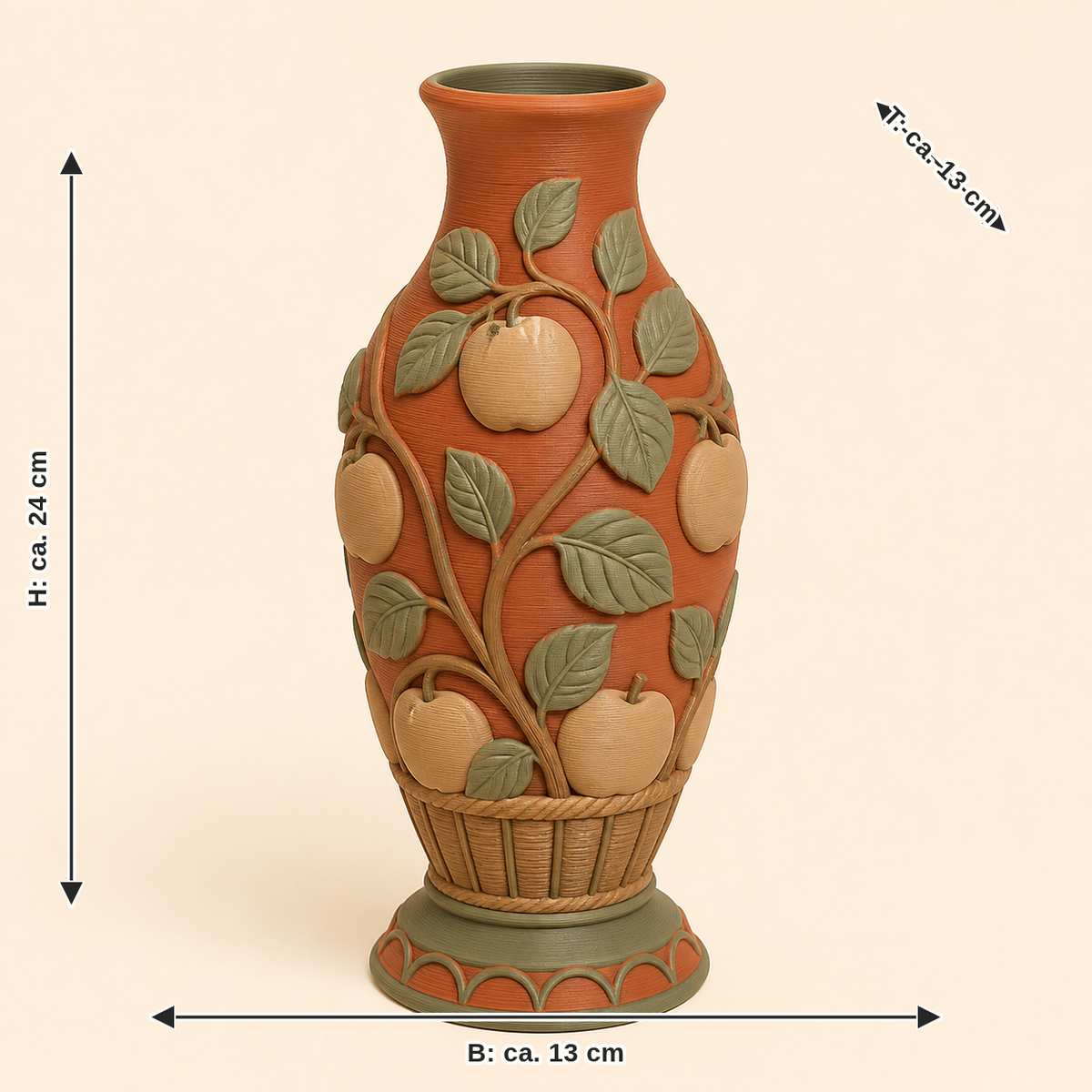 Maßbild für Apfel-Trockenblumen-Vase Apfelzweig: Breite ca. 13 cm, Tiefe ca. 13 cm, Höhe ca. 24 cm