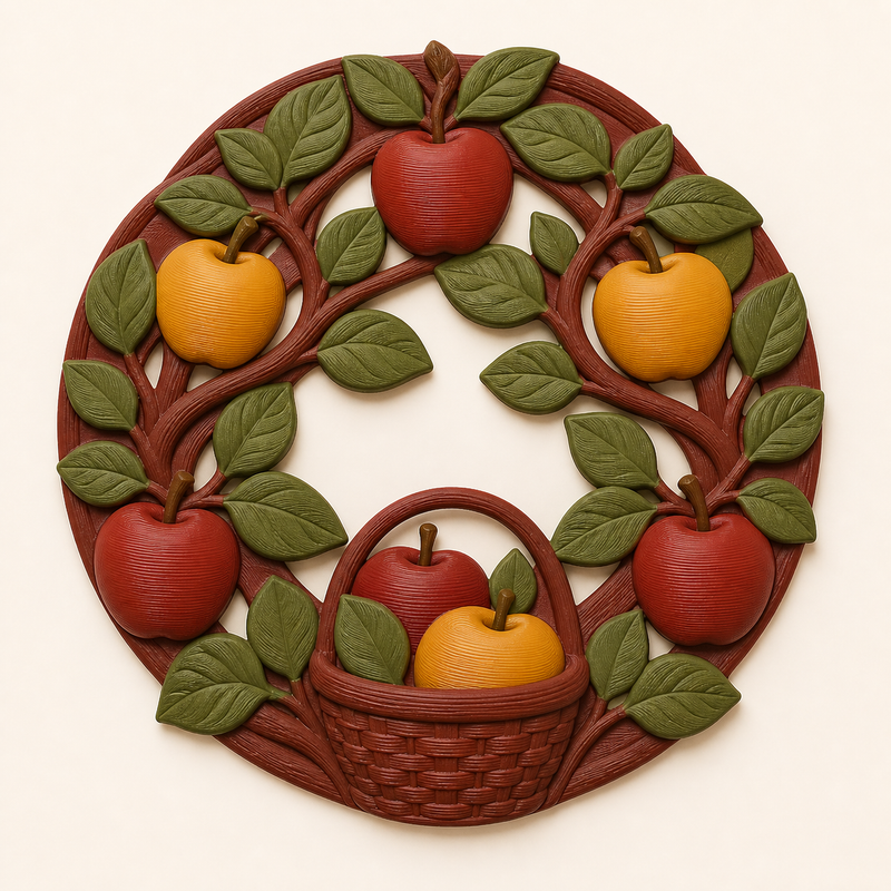 Apfel-Wandrelief Apfelkranz aus 3D-gedrucktem PETG in Apfelrot, Senfgelb, Olivgrün