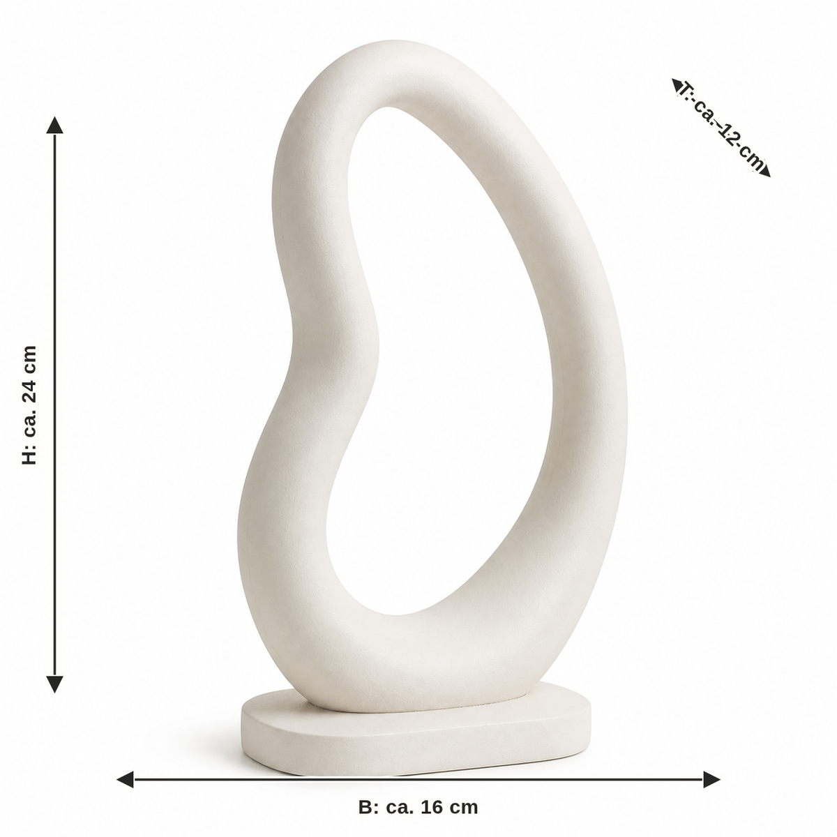 Maßbild für Asymmetrische Loop-Skulptur in Warmweiß: Breite ca. 16 cm, Tiefe ca. 12 cm, Höhe ca. 24 cm