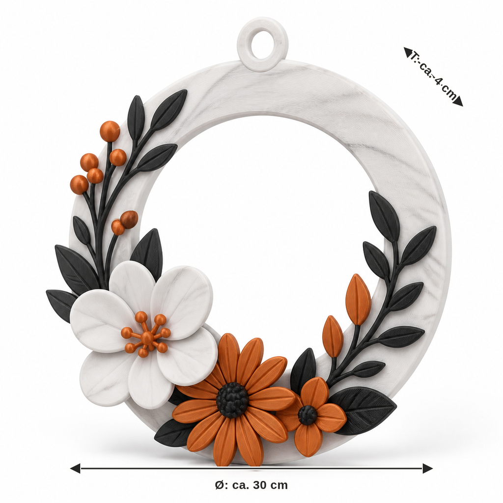 Dimensional image for Asymmetric flower wreath in marble look: diameter approx. 30 cm, depth approx. 4 cm
