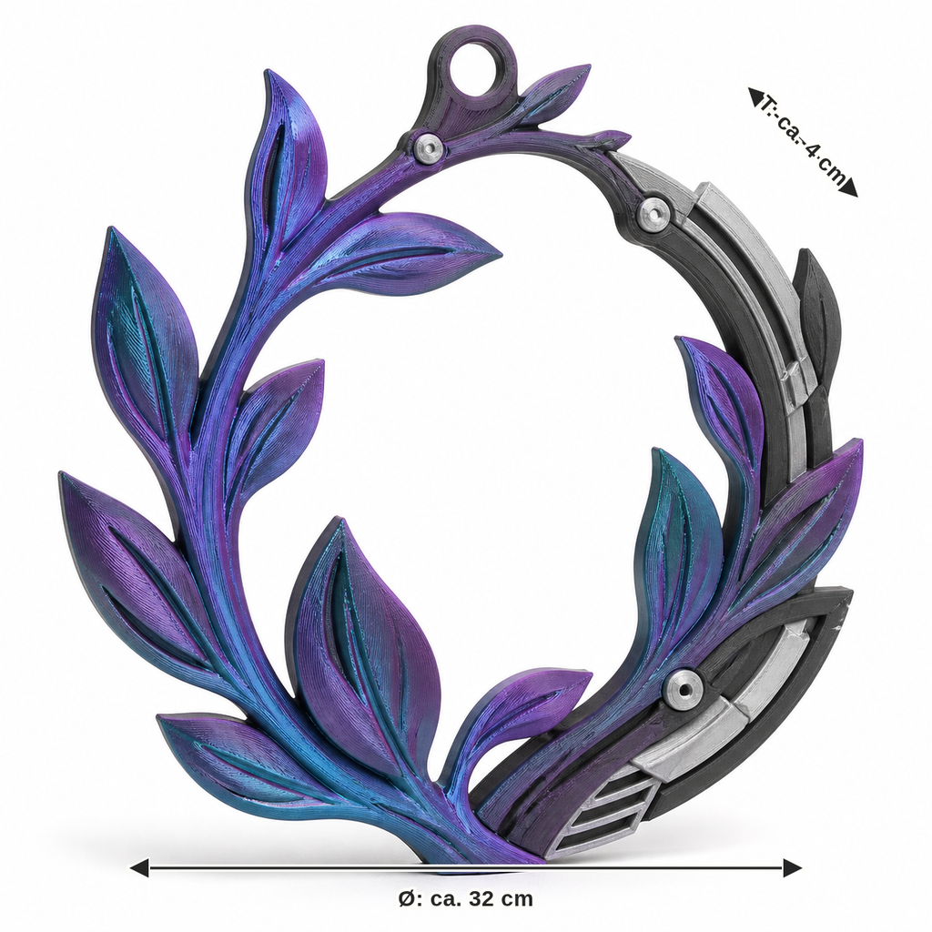 Maßbild für Asymmetrischer Türkranz mit irisierenden Blättern: Durchmesser ca. 32 cm, Tiefe ca. 4 cm