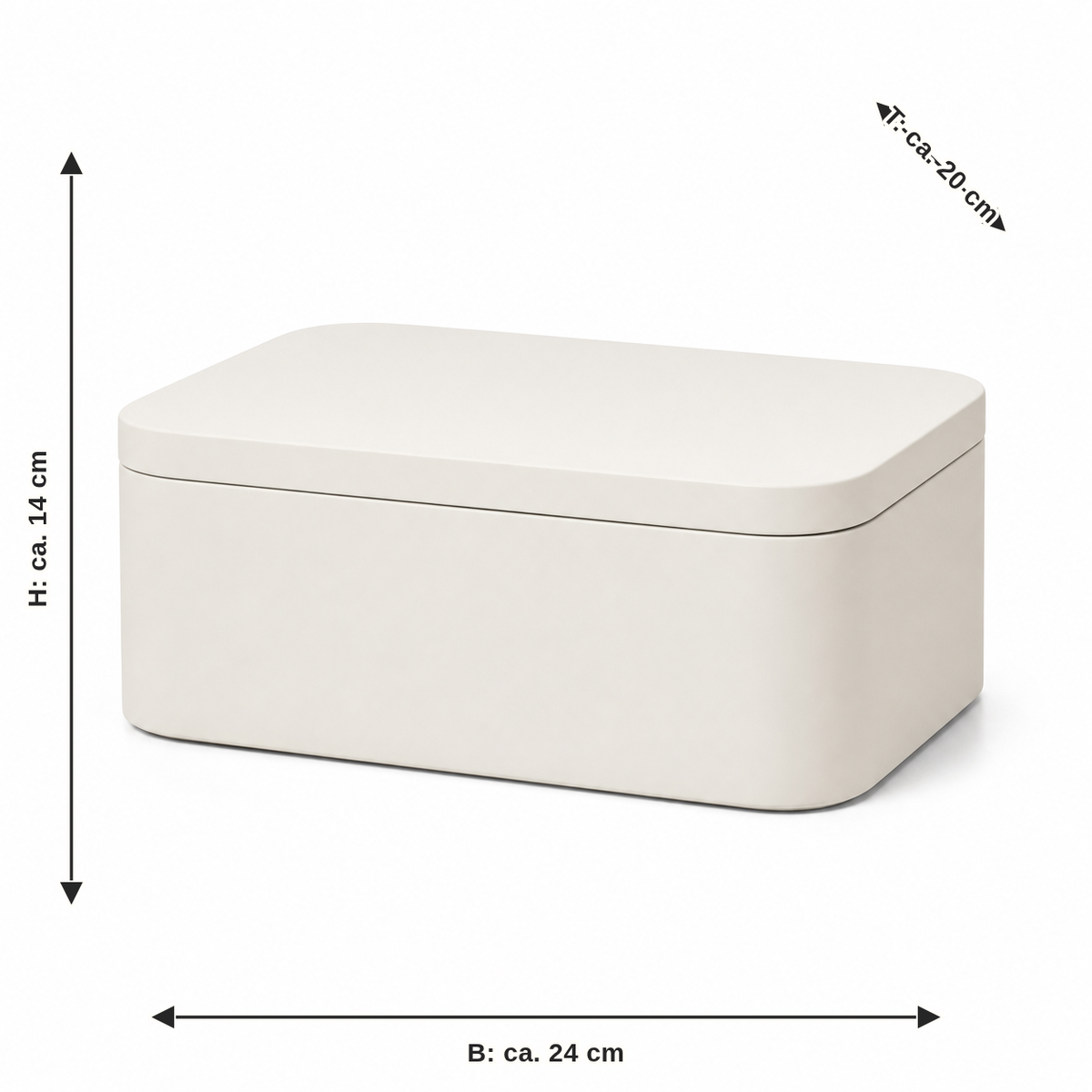 Maßbild für Aufbewahrungsbox mit Deckel in Warmweiß: Breite ca. 24 cm, Tiefe ca. 20 cm, Höhe ca. 14 cm