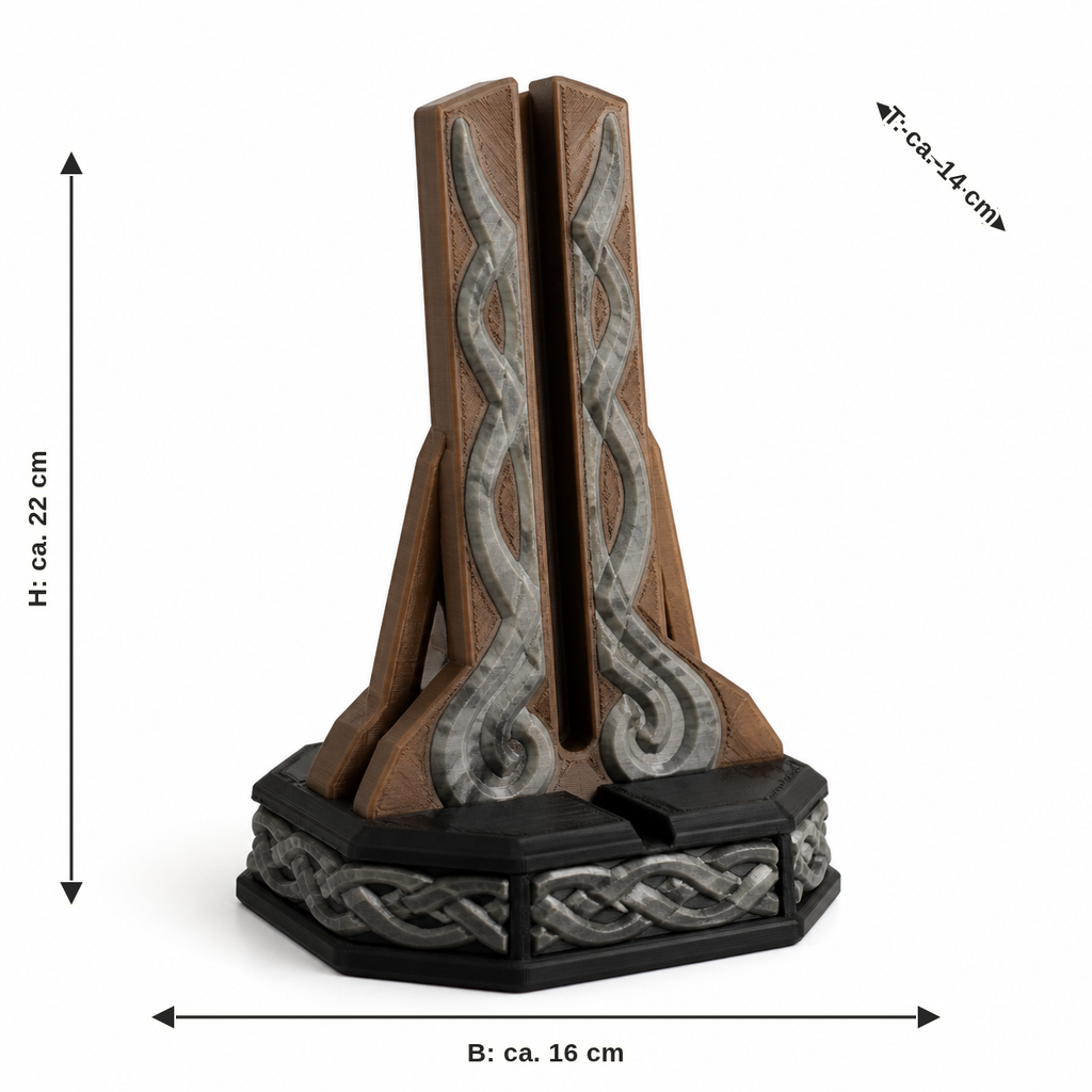 Dimensional image for upright Display stands with rune columns: width approx. 16 cm, depth approx. 14 cm, height approx. 22 cm