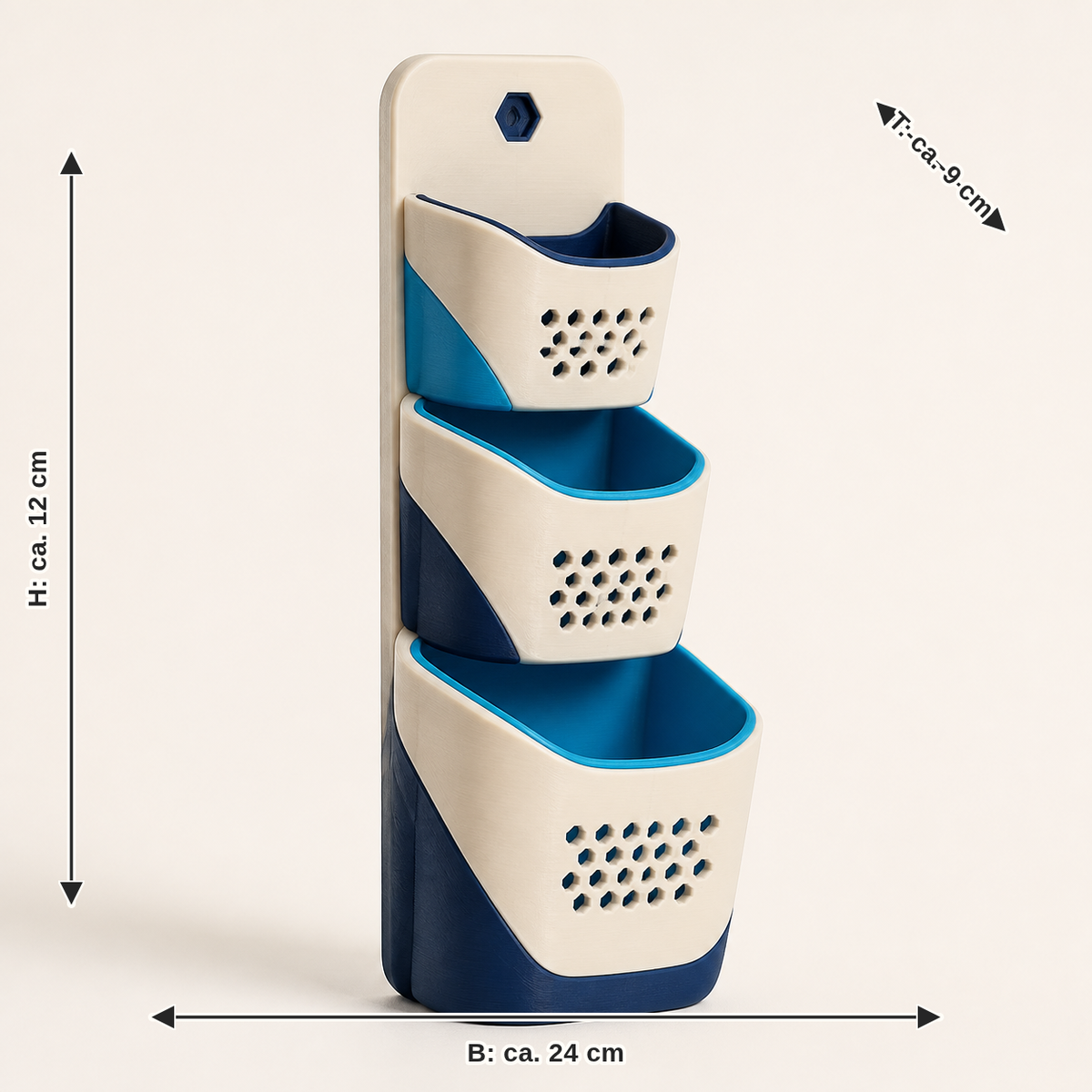 Maßbild für Bad-Wandorganizer Flow – Futuristisch: Breite ca. 24 cm, Tiefe ca. 9 cm, Höhe ca. 12 cm