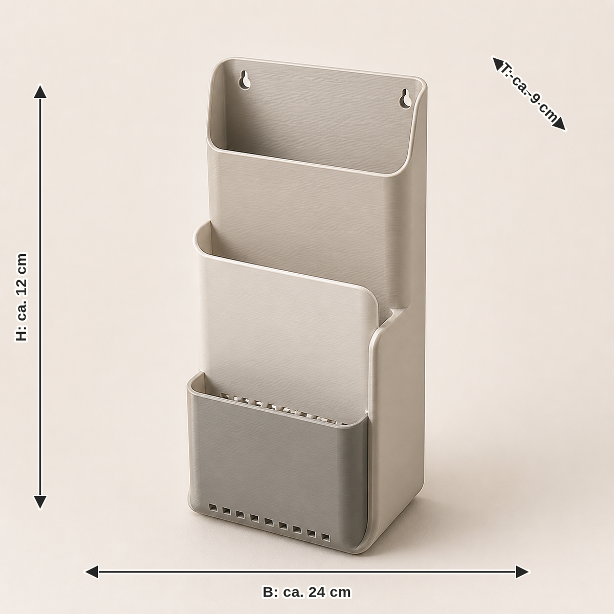 Maßbild für Bad-Wandorganizer Flow – Minimalistisch: Breite ca. 24 cm, Tiefe ca. 9 cm, Höhe ca. 12 cm