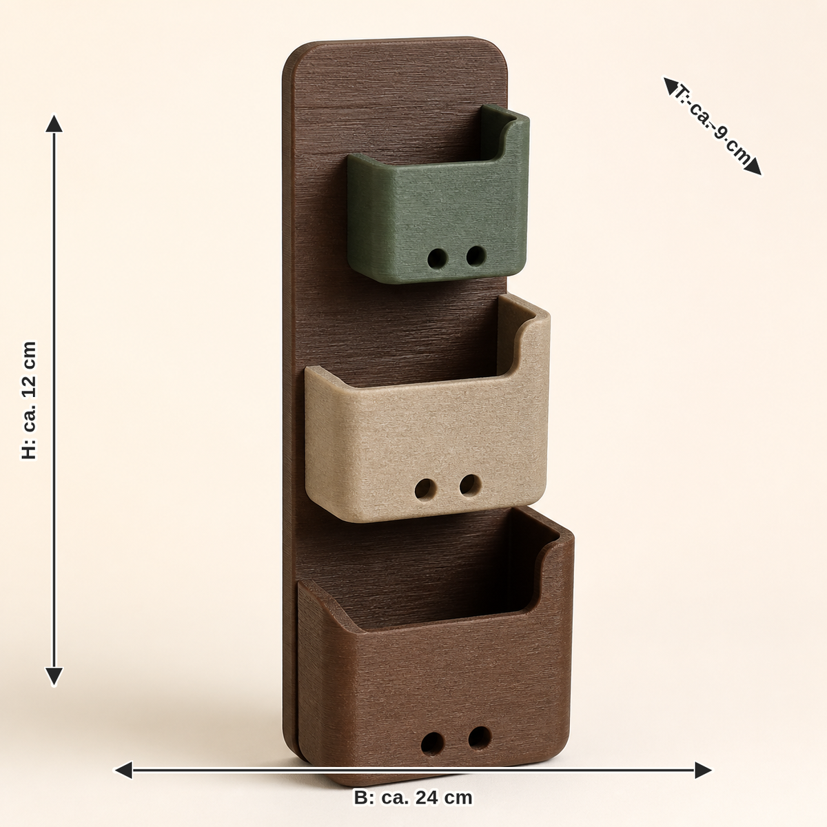 Maßbild für Bad-Wandorganizer Flow – Urig: Breite ca. 24 cm, Tiefe ca. 9 cm, Höhe ca. 12 cm