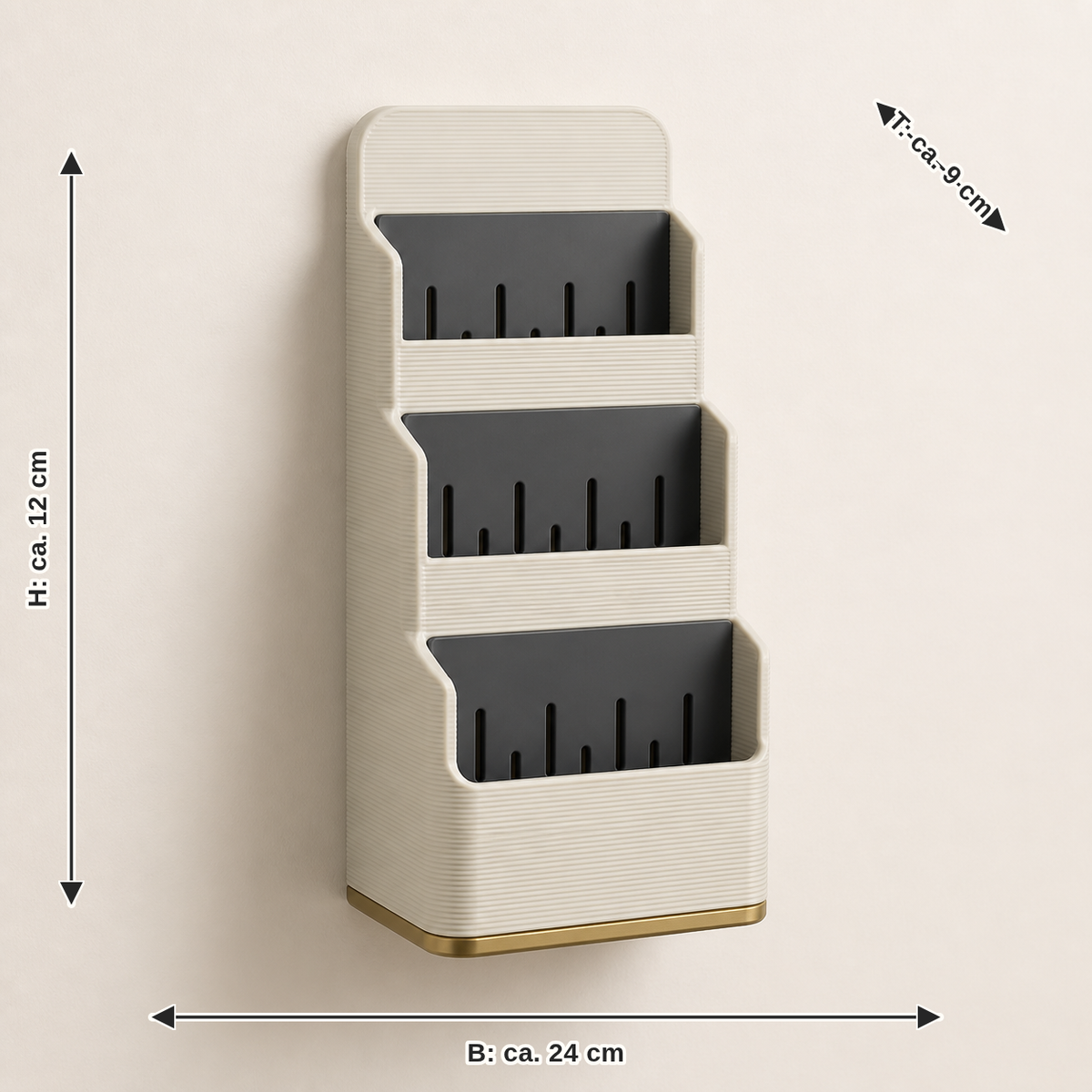 Maßbild für Bad-Wandorganizer Flow – Zeitlos: Breite ca. 24 cm, Tiefe ca. 9 cm, Höhe ca. 12 cm