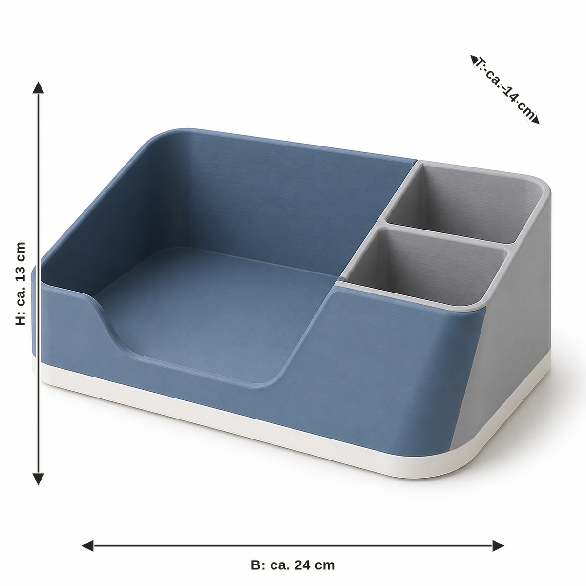 Dimensional image for bath tray with three compartments in blue: width approx. 24 cm, depth approx. 14 cm, height approx. 13 cm