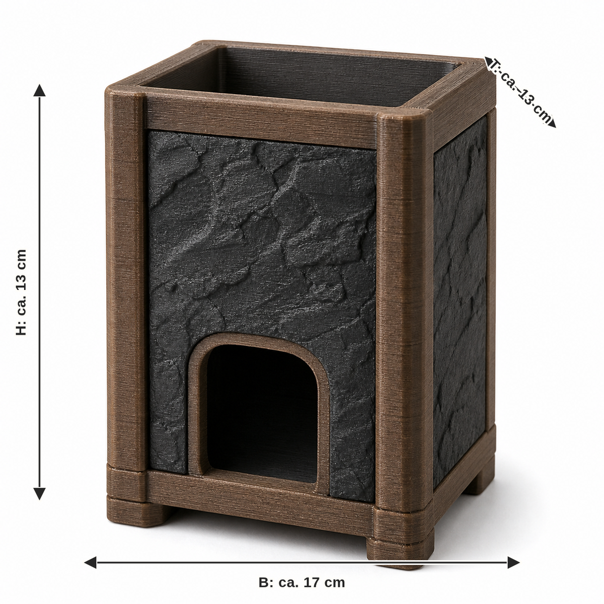 Maßbild für Badezimmerbehälter mit Felsfront: Breite ca. 17 cm, Tiefe ca. 13 cm, Höhe ca. 13 cm