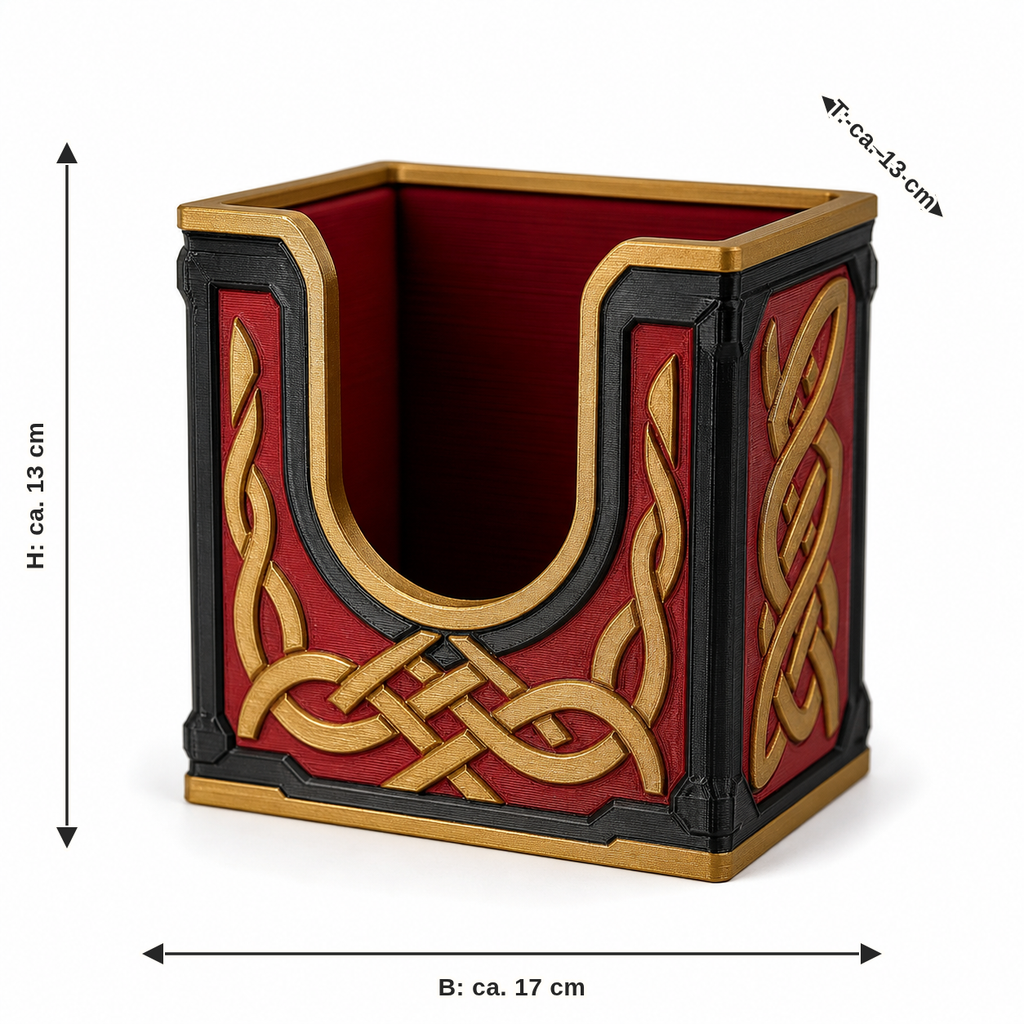 Maßbild für Badezimmerbehälter mit goldfarbenem Knotenrahmen: Breite ca. 17 cm, Tiefe ca. 13 cm, Höhe ca. 13 cm