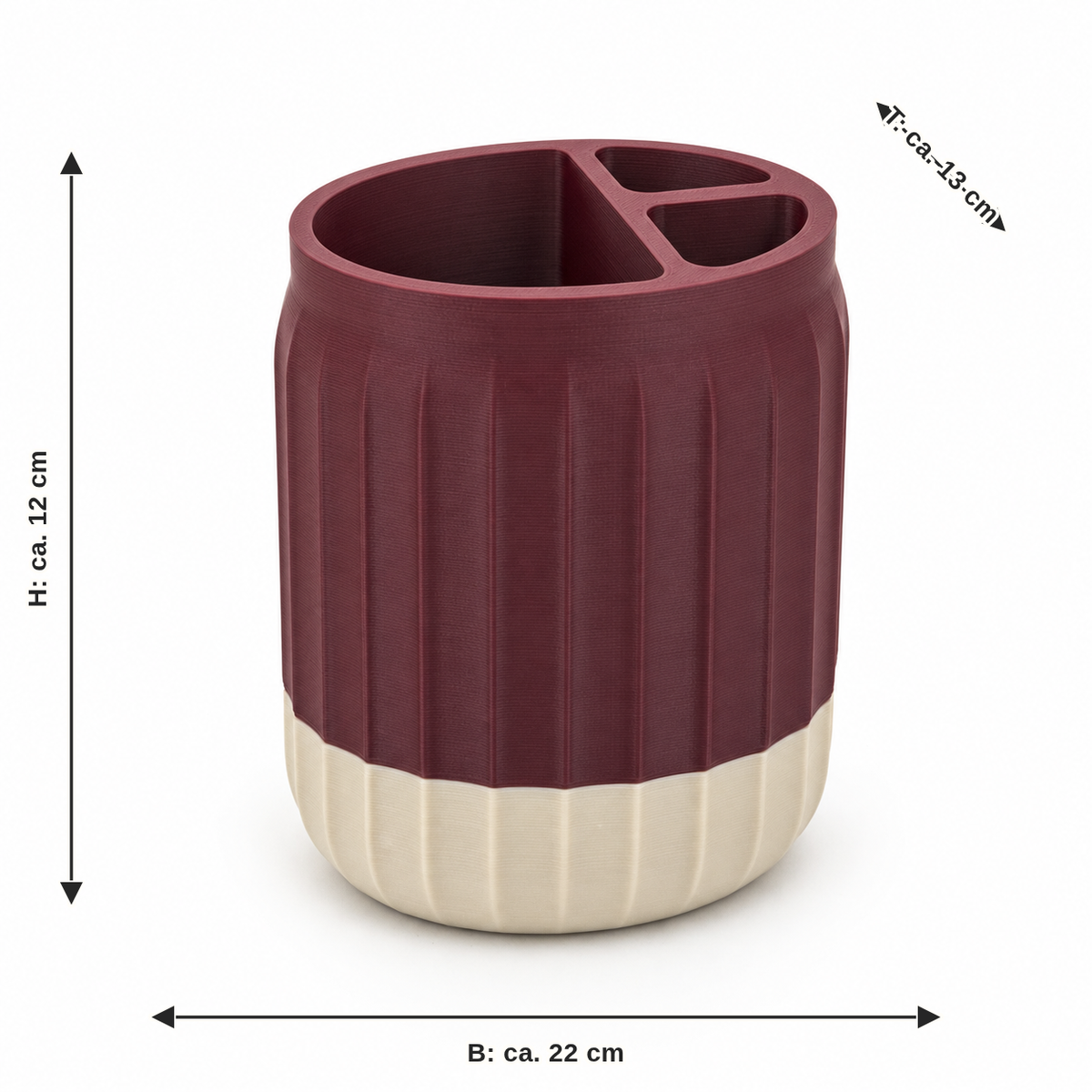 Maßbild für Badorganizer Bordeauxfächer: Breite ca. 22 cm, Tiefe ca. 13 cm, Höhe ca. 12 cm