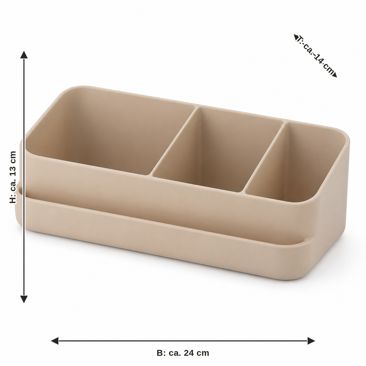 Maßbild für Badorganizer mit drei Fächern in Beige: Breite ca. 24 cm, Tiefe ca. 14 cm, Höhe ca. 13 cm