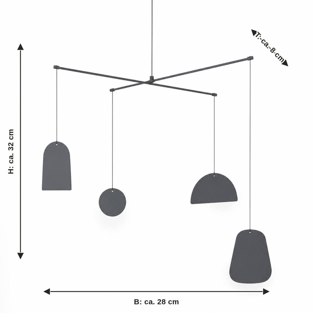 Maßbild für Balance-Mobile in Graphitgrau: Breite ca. 28 cm, Tiefe ca. 8 cm, Höhe ca. 32 cm