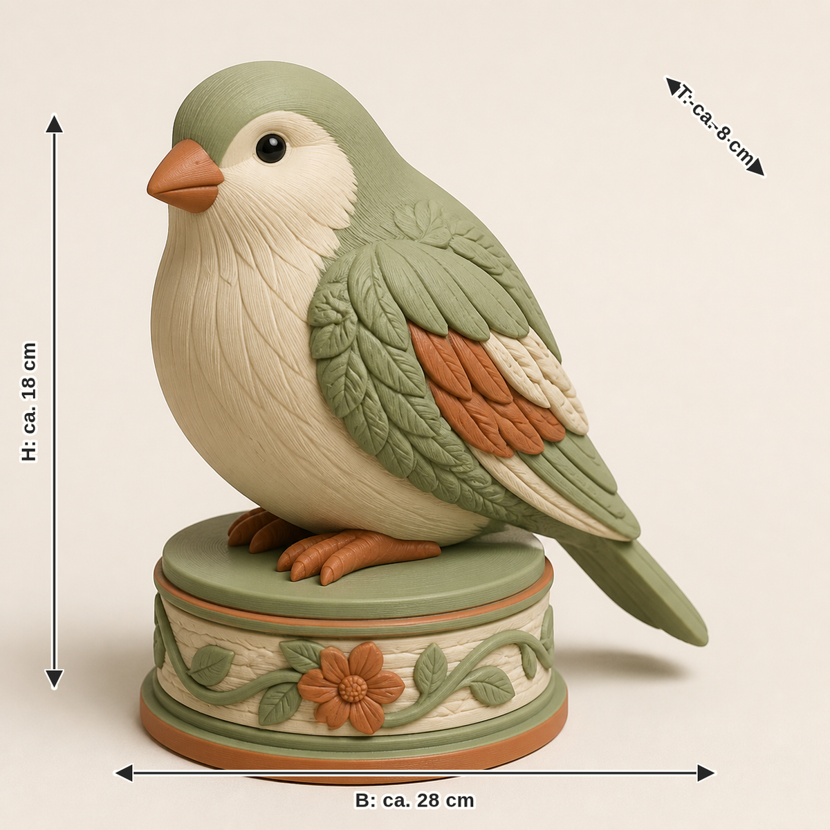 Maßbild für Balkonfigur Wächtervogel – Landhaus: Breite ca. 28 cm, Tiefe ca. 8 cm, Höhe ca. 18 cm