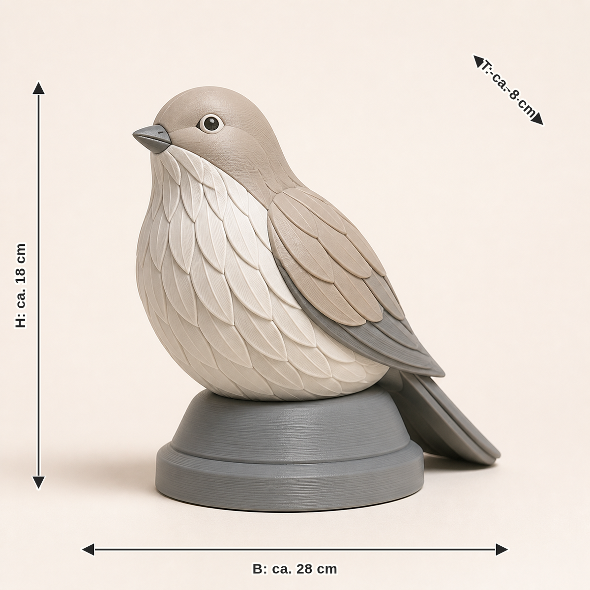 Maßbild für Balkonfigur Wächtervogel – Minimalistisch: Breite ca. 28 cm, Tiefe ca. 8 cm, Höhe ca. 18 cm