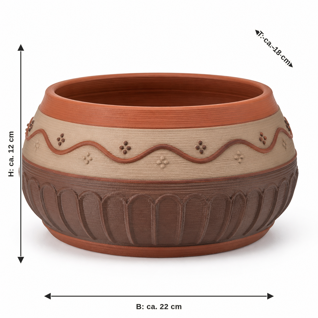 Dimensional image for belly-shaped bowl vase with wavefry: width approx. 22 cm, depth approx. 18 cm, height approx. 12 cm