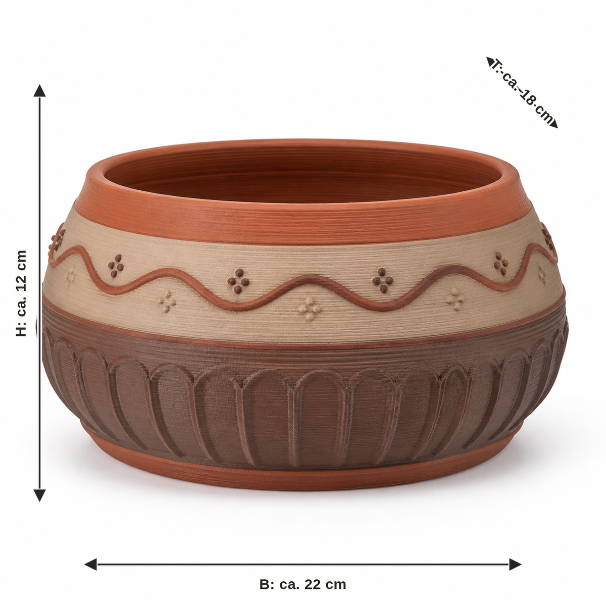 Maßbild für Bauchige Schalenvase mit Wellenfries: Breite ca. 22 cm, Tiefe ca. 18 cm, Höhe ca. 12 cm