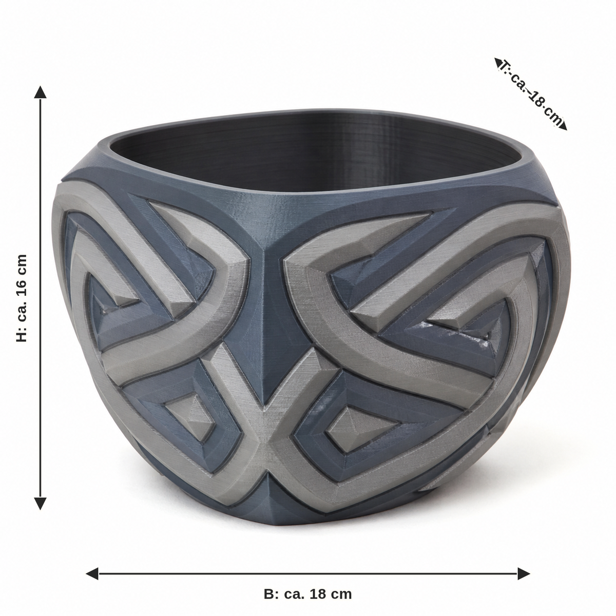 Maßbild für Bauchiges Pflanzgefäß mit Schlangenknoten: Breite ca. 18 cm, Tiefe ca. 18 cm, Höhe ca. 16 cm