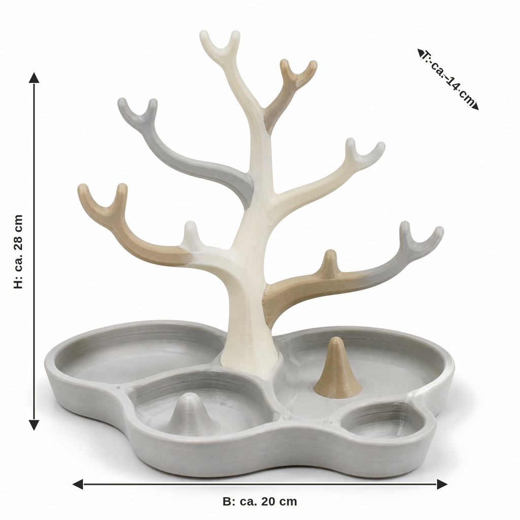 Dimensional image for tree-shaped jewellery holder in soft natural tones: width approx. 20 cm, depth approx. 14 cm, height approx. 28 cm