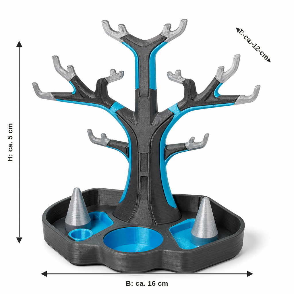 Dimensional image for tree-shaped jewellery holder with ring tray – Futuristic: width approx. 16 cm, depth approx. 12 cm, height approx. 5 cm