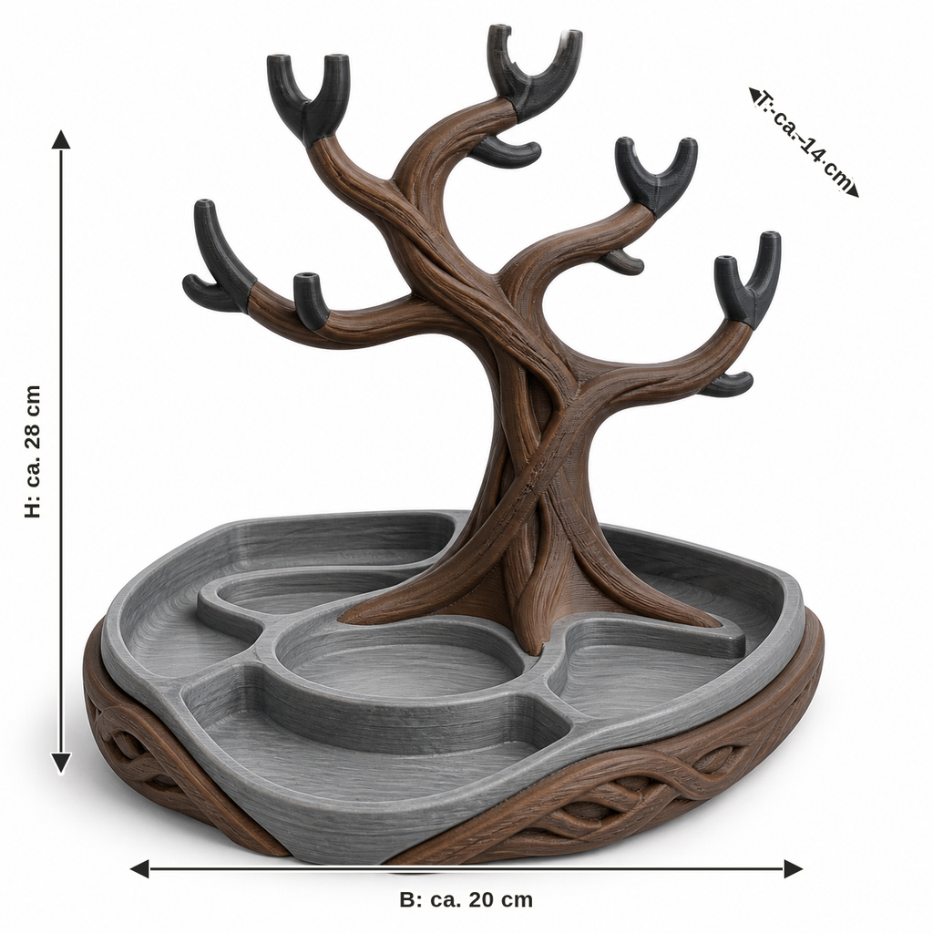 Maßbild für Baumförmiger Schmuckhalter mit Runenschale: Breite ca. 20 cm, Tiefe ca. 14 cm, Höhe ca. 28 cm