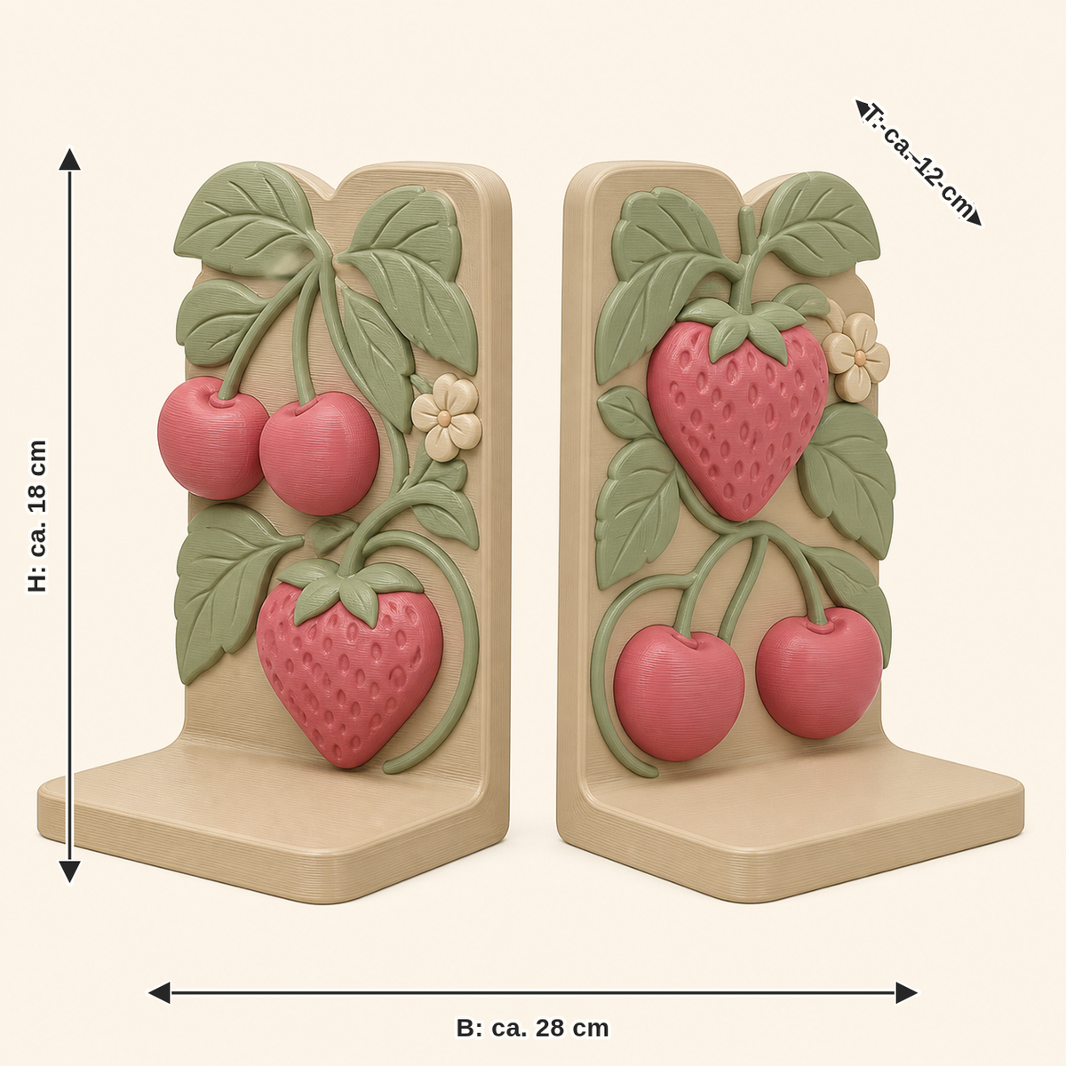 Measurement for berries-bookends-pair red harvest: width approx. 28 cm, depth approx. 12 cm, height approx. 18 cm