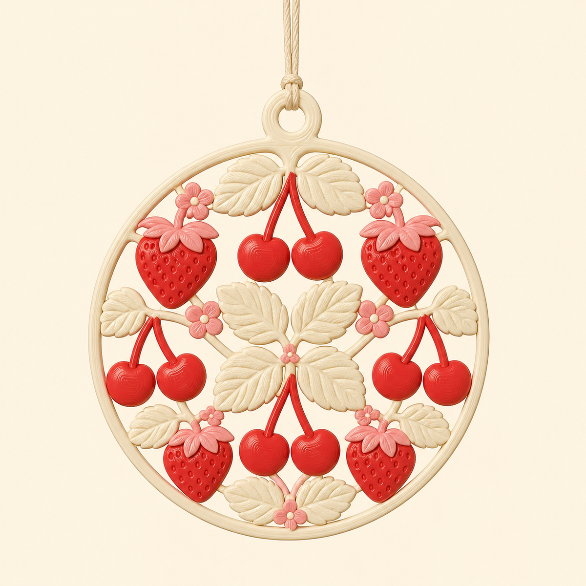 Berry window ornament strawberry leaf 3D printed PETG in cream, strawberry red, rose