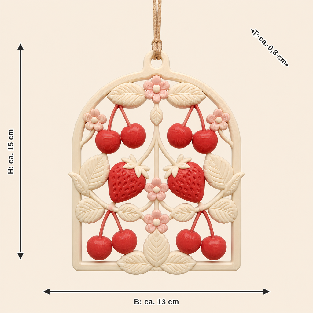 Dimensional image for berries-hanging decoration Cherry bow: width approx. 13 cm, depth approx. 0.8 cm, height approx. 15 cm