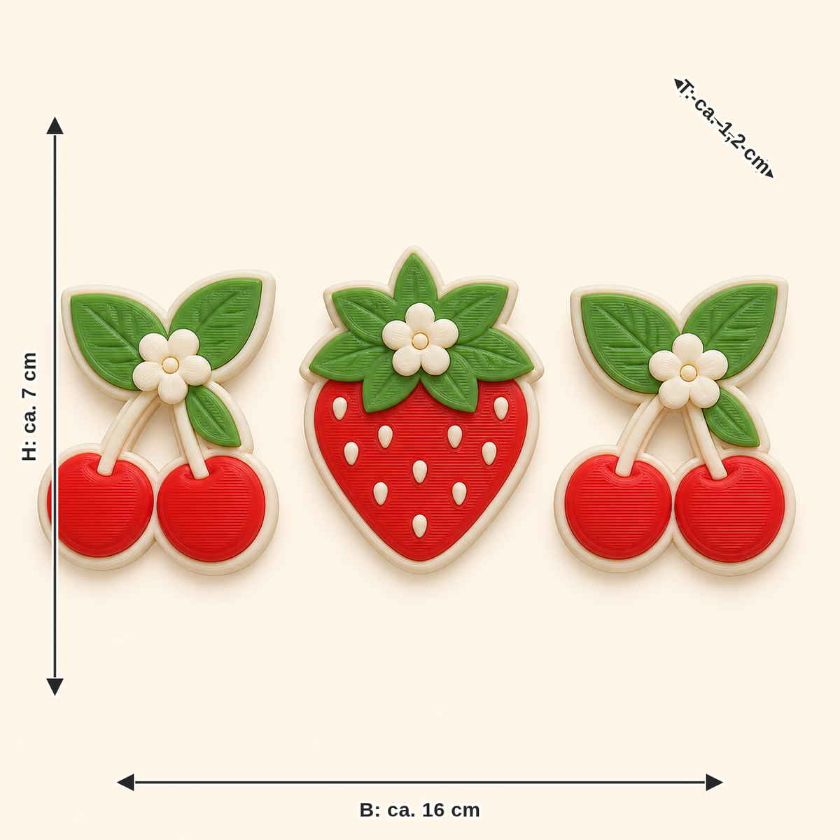 Dimensional image for berry magnet set fruit vertebrae: width approx. 16 cm, depth approx. 1.2 cm, height approx. 7 cm