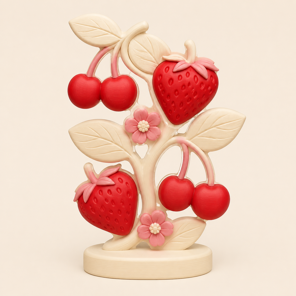 Berry mini sculpture in 3D printed PETG in cream, strawberry red, rose