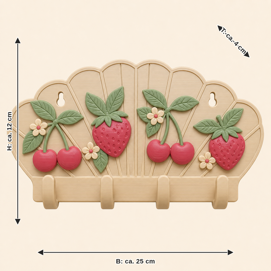 Maßbild für Beeren-Schlüsselbrett Erdbeerfächer: Breite ca. 25 cm, Tiefe ca. 4 cm, Höhe ca. 12 cm