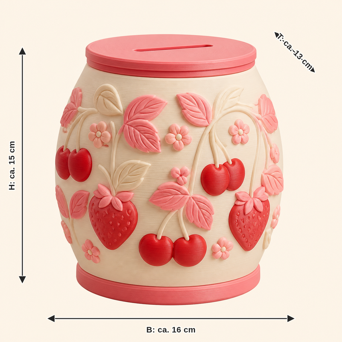 Dimensional image for berry money box Cherry light: width approx. 16 cm, depth approx. 13 cm, height approx. 15 cm