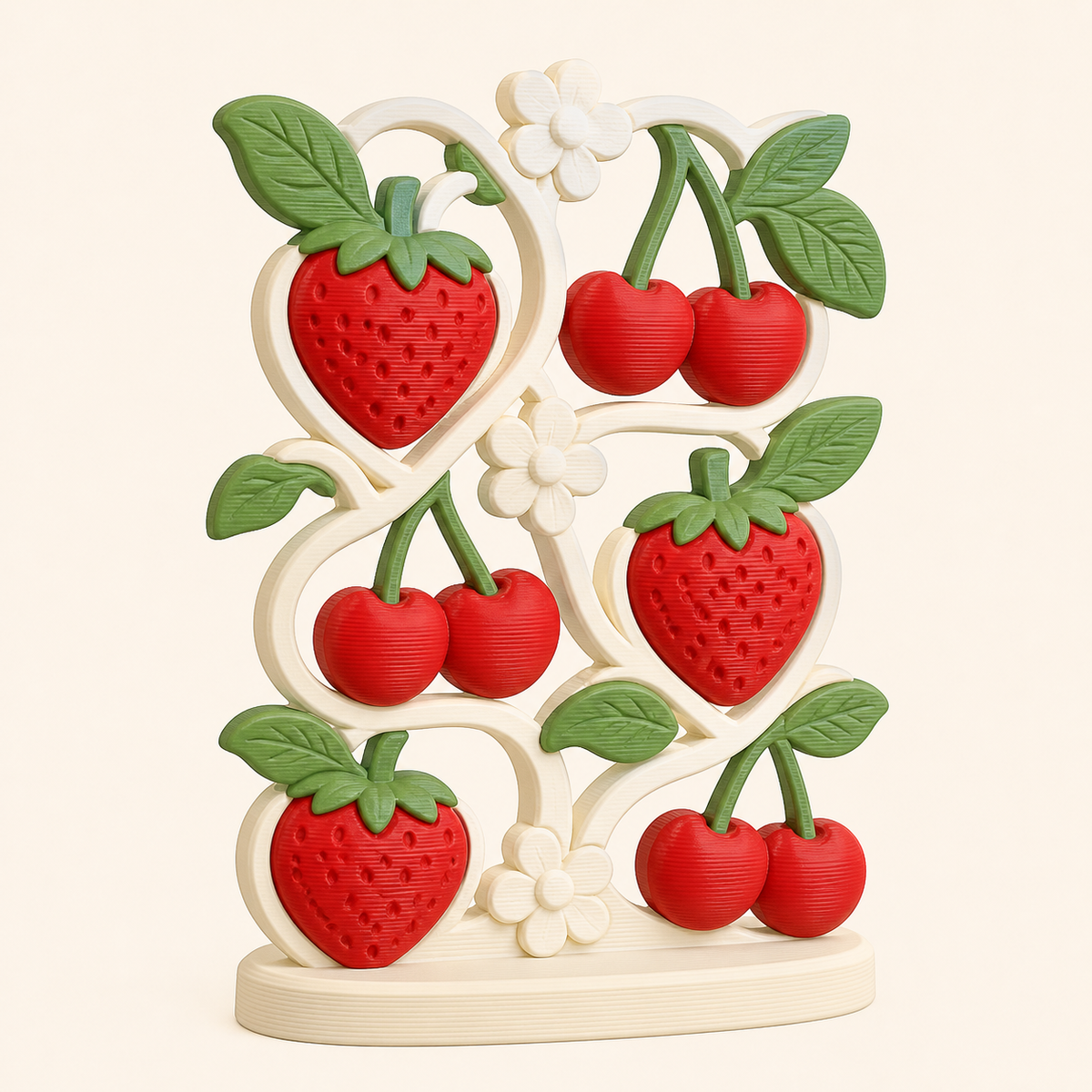 Beeren-Tischaufsteller Beerenherz aus 3D-gedrucktem PETG in Warmweiß, Kirschrot, Blattgrün