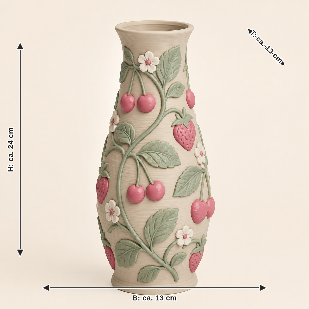 Maßbild für Beeren-Trockenblumen-Vase Kirschzweig: Breite ca. 13 cm, Tiefe ca. 13 cm, Höhe ca. 24 cm