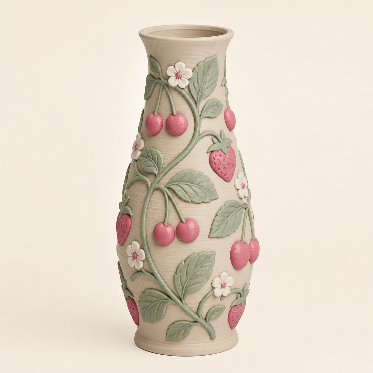 Beeren-Trockenblumen-Vase Kirschzweig aus 3D-gedrucktem PETG in Sandbeige, Himbeerrosa, Salbeigrün