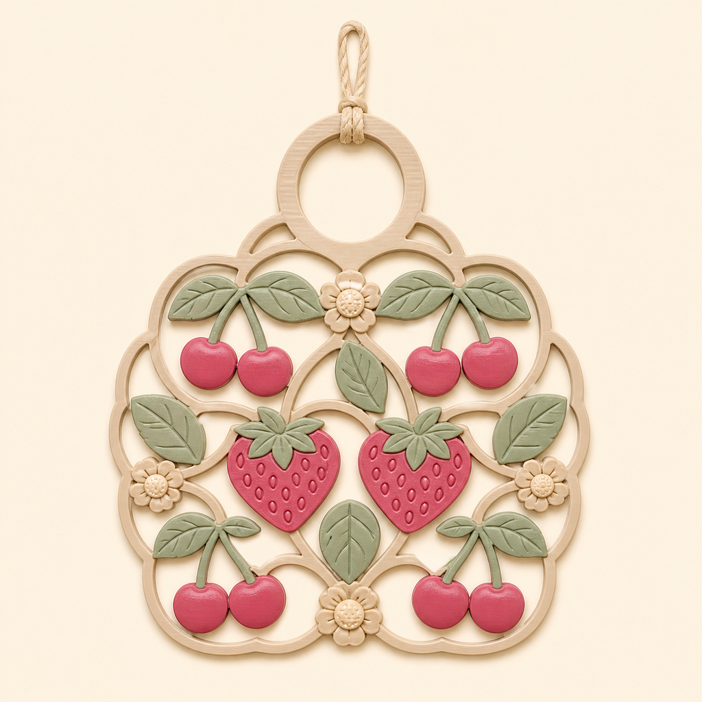 Beeren-Türhänger Sommerkirsche aus 3D-gedrucktem PETG in Sandbeige, Himbeerrosa, Salbeigrün