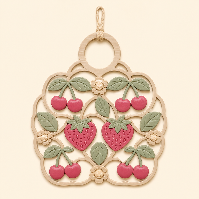 Beeren-Türhänger Sommerkirsche aus 3D-gedrucktem PETG in Sandbeige, Himbeerrosa, Salbeigrün