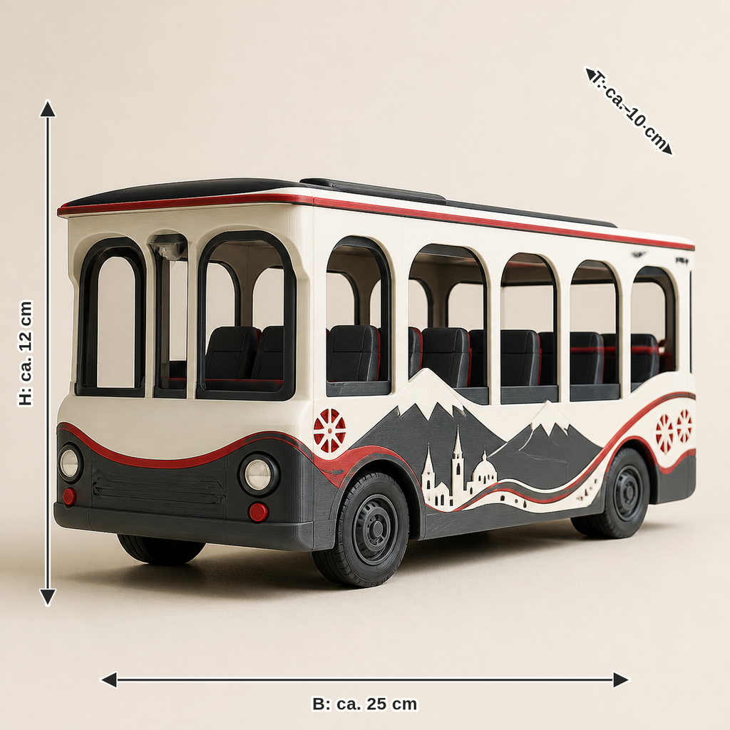 Dimensional image for mountain bus model Alpine Road – Salzburg: width approx. 25 cm, depth approx. 10 cm, height approx. 12 cm